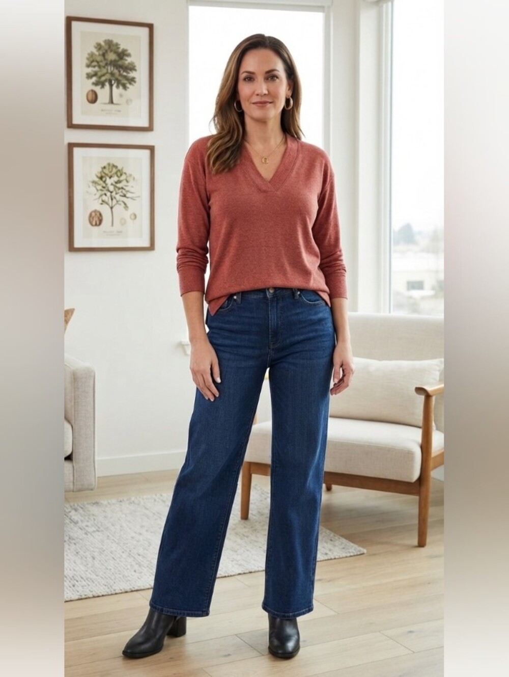 LOFT V-Neck Long Sleeve Top in Rust